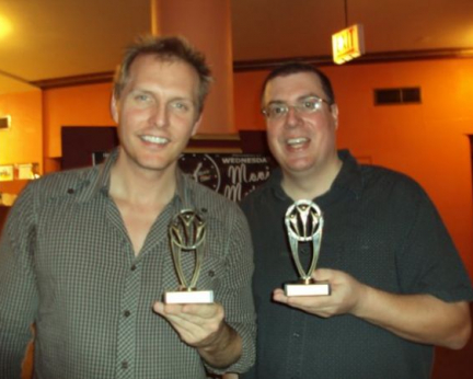 Barret with Best Actor award at the Chicago Horror Film Festival for 'Pickman's Muse' alongside director Cappelletto